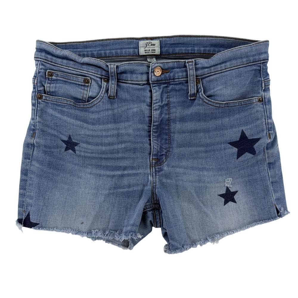 J. Crew Denim Shorts Womens 31P Blue Star Print Cutoff Frayed Hem Stretch Petite
